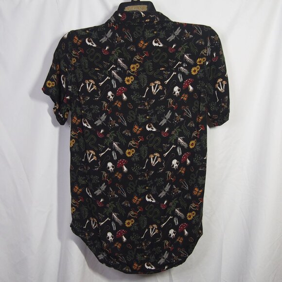 Mens Social Collision Mushroom/Bugs Print Rayon Button Up Shirt Size S - Picture 5 of 11